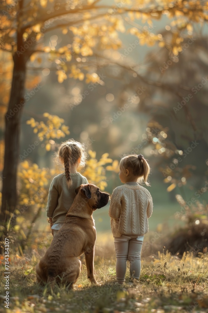 Two children and a dog in a natural forest setting. Suitable for outdoor and family-themed projects Two children and a dog in a natural forest setting. Suitable for outdoor and family-themed projects