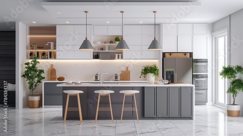 A kitchen with white and grey accents © ibtesam