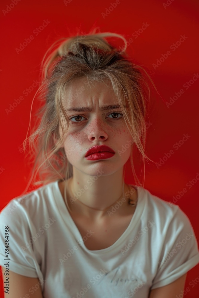 Young woman with red lipstick and messy bun hairstyle Young woman with red lipstick and messy bun hairstyle