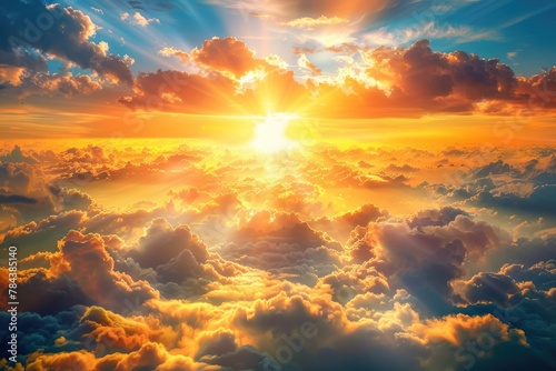 Sun shining brightly above fluffy white clouds, suitable for weather or nature concepts