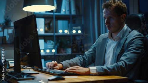 A man sitting at a desk using a computer. Suitable for technology concepts