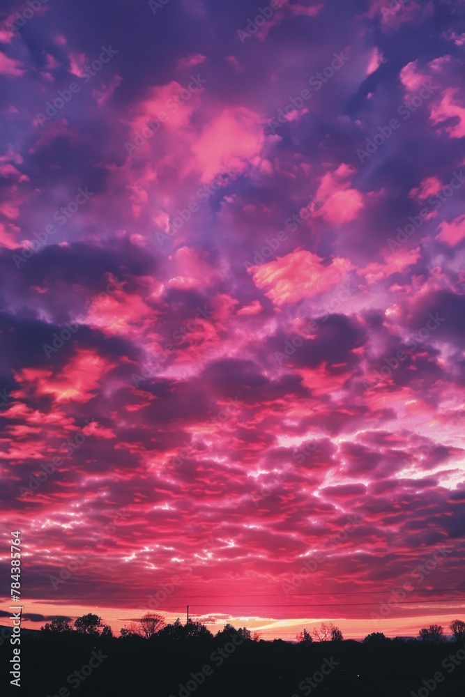 A serene view of a pink and purple sky with fluffy clouds. Suitable for various design projects