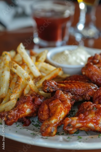 Delicious plate of chicken wings and crispy french fries, perfect for menu design