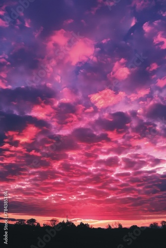 A serene view of a pink and purple sky with fluffy clouds. Suitable for various design projects