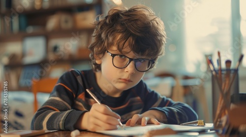 A young boy sitting at a table writing on a piece of paper. Suitable for educational or creative projects