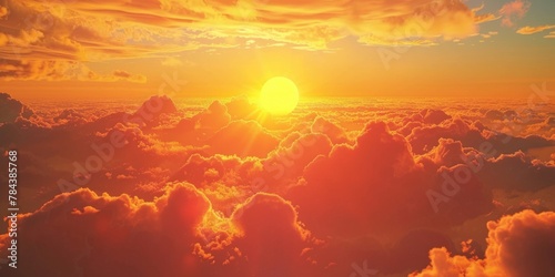 A scenic view of the sun setting over fluffy clouds. Suitable for various projects