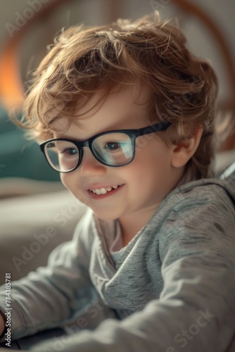 A young boy wearing glasses is using a laptop. Suitable for educational concepts