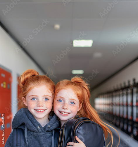 In a school hallway, two girls with red hair and striking blue eyes share a heartwarming embrace, their smiles radiating joy. Wearing backpacks and jackets, they exude the excitement and camaraderie o