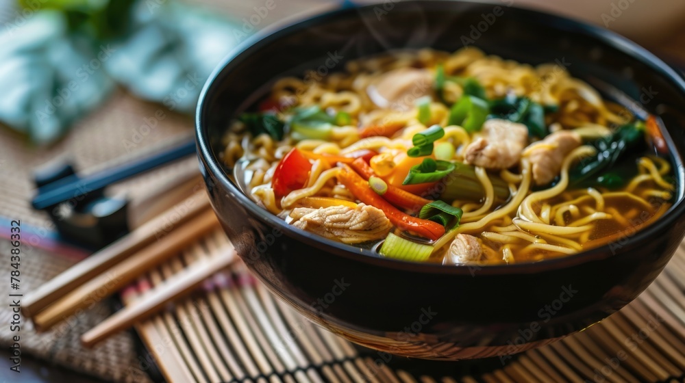 A bowl of noodles with a delicious mix of meat and vegetables. Perfect for food blogs or restaurant menus A bowl of noodles with a delicious mix of meat and vegetables. Perfect for food blogs or restaurant menus