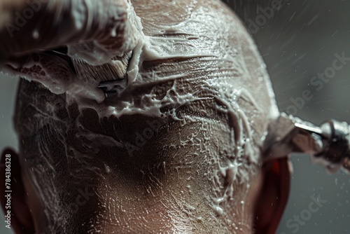 A man shaving his head with a razor. Suitable for beauty and grooming concepts photo