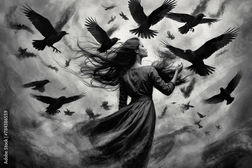 A flock of crow flying around a woman with black dress. The scene depicting anxiety, depression, loneliness, nightmare or heavy burden.