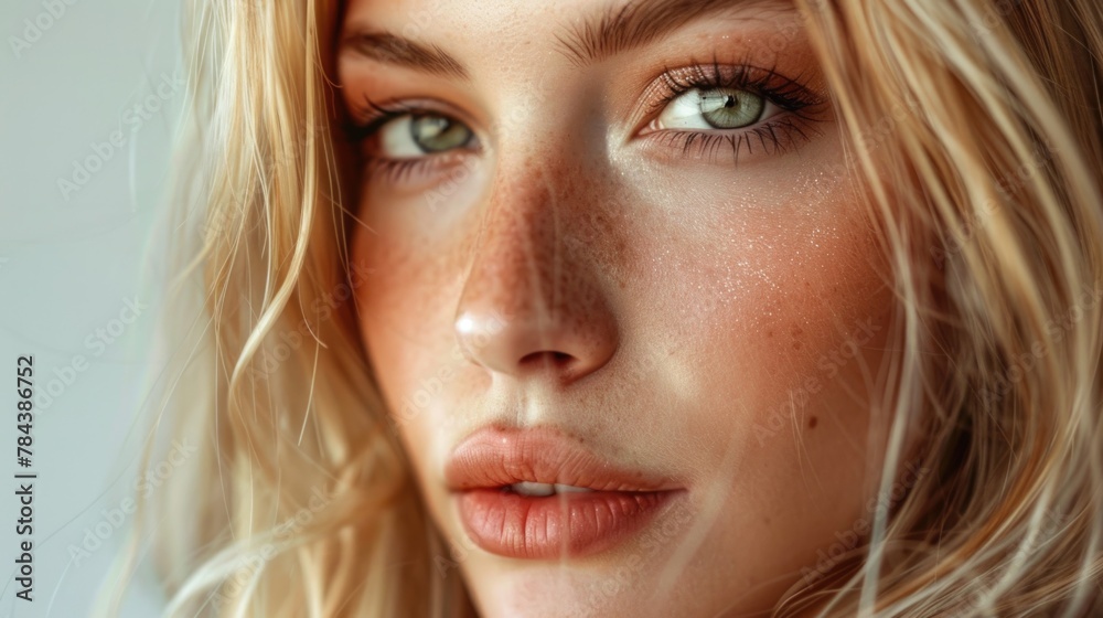 Close-up portrait of a woman with freckles. Perfect for beauty and skincare concepts Close-up portrait of a woman with freckles. Perfect for beauty and skincare concepts