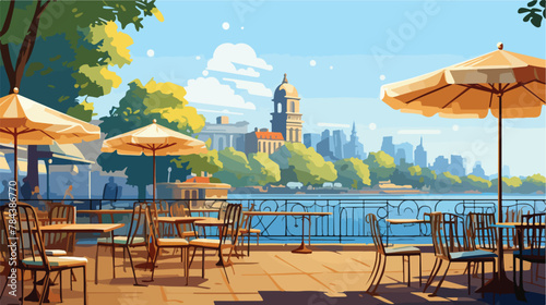 Charming riverside cafe with outdoor seating and um