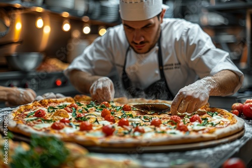 A professional chef is seen adding final touches to a freshly prepared pizza with visible pizza toppings and a blurred kitchen background
