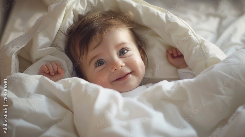 A small child laying in a bed covered in a blanket. Suitable for family and lifestyle concepts A small child laying in a bed covered in a blanket. Suitable for family and lifestyle concepts