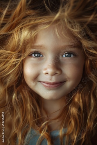 A cheerful little girl with long red hair smiling at the camera. Suitable for various projects