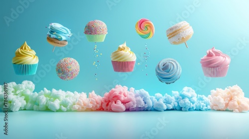 Assorted colorful desserts floating, isolated on white background