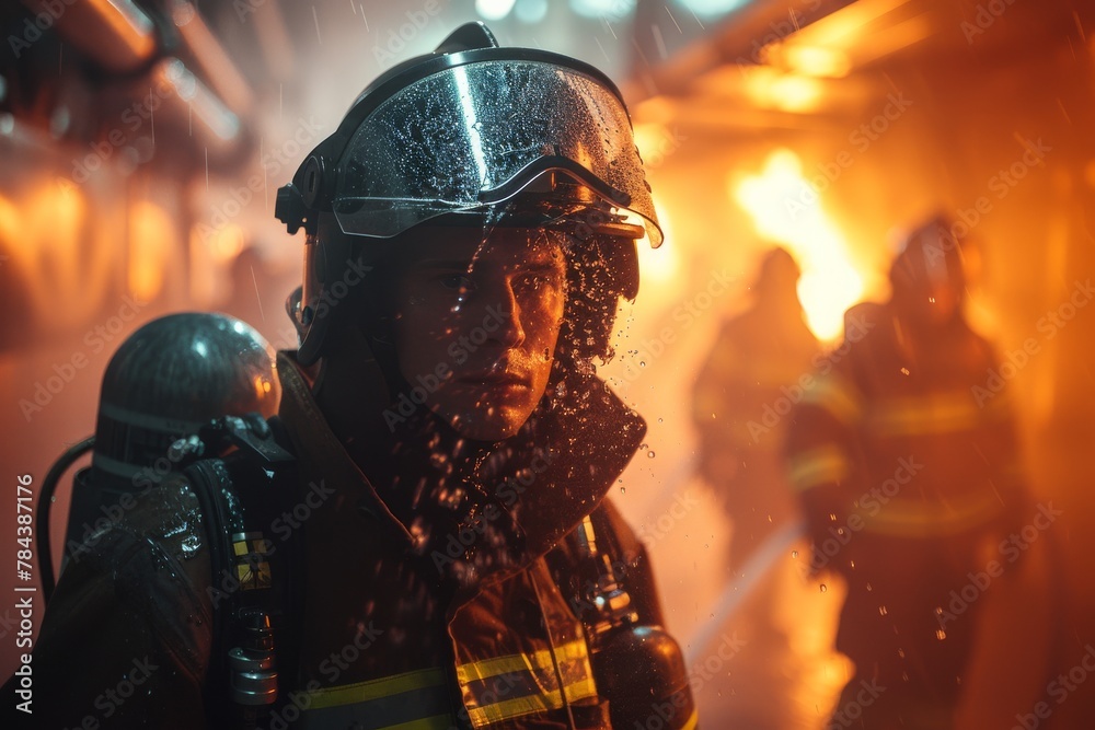 The image showcases a firefighter in uniform, in the midst of action during an emergency response