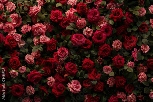 Vibrant wall red and pink roses petals in various shades of bouquet flowers wallpaper background.