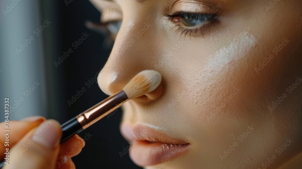 Close up shot of a person applying makeup with a brush, ideal for beauty and cosmetic concepts