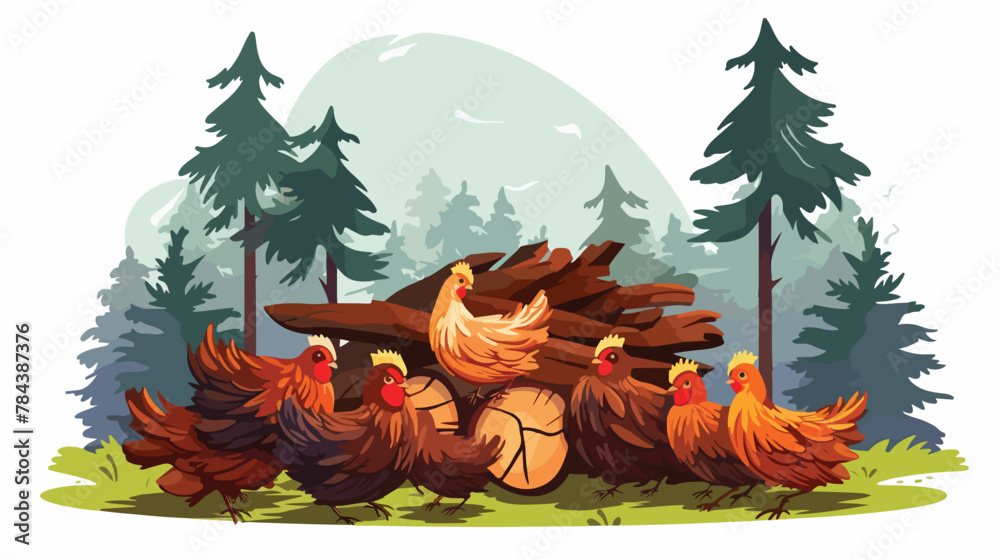 Chickens and log for the fire. .. 2d flat cartoon v