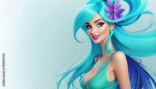  A woman dons a green dress and wears long blue hair adorned with a flower She accessorizes with an additional purple flower in her locks