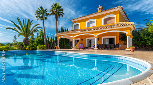 beautiful Spanish villa with a pool and palm trees in the background, blue sky, sunny day, luxury house © john