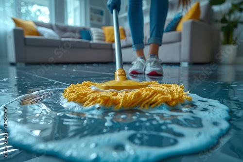 Close-up of a person mopping a messy soapy water spill on a shiny tiled floor at home