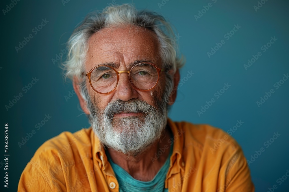 A senior man with glasses and a thoughtful expression posing on a teal background A senior man with glasses and a thoughtful expression posing on a teal background