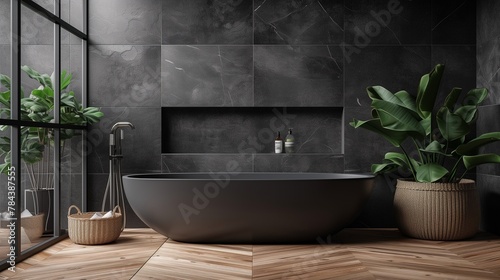a modern bathroom with anthracite bathtub  dark ceramic tiles on back wall