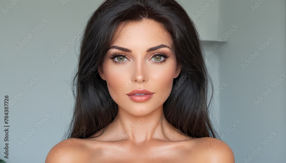 A woman with long black hair and emerald eyes poses before a green plant in the background A woman with long black hair and emerald eyes poses before a green plant in the background