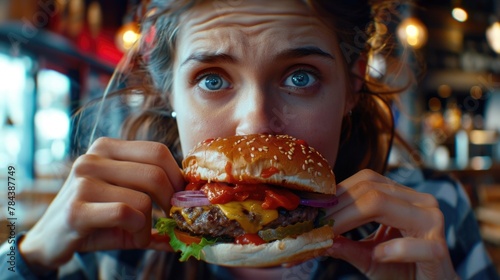 A woman enjoying a delicious hamburger with various toppings. Perfect for food and lifestyle concepts