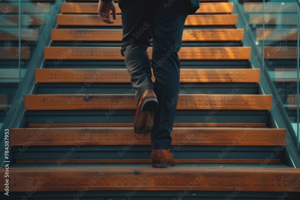 A man in a suit walking up a flight of stairs. Suitable for business and success concepts A man in a suit walking up a flight of stairs. Suitable for business and success concepts