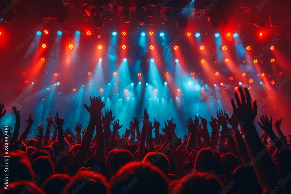 Energetic concert crowd with hands raised enjoying music under a vibrant light show, conveying excitement and live performance