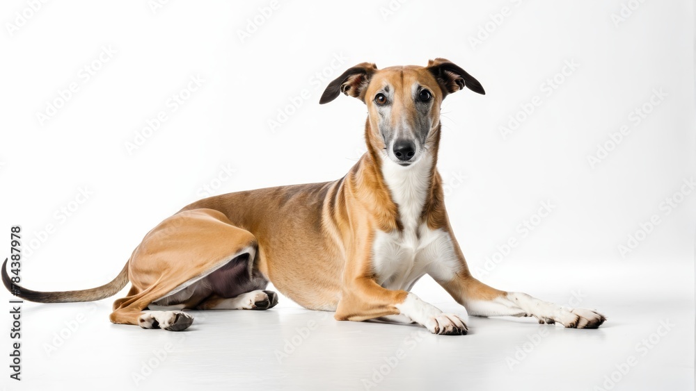   A large brown-and-white dog lies on a white floor Nearby, a black-and-white dog rests against the same white background
