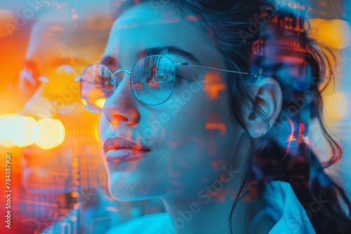 A young woman wearing glasses with a futuristic, technology-driven colorful visual overlay