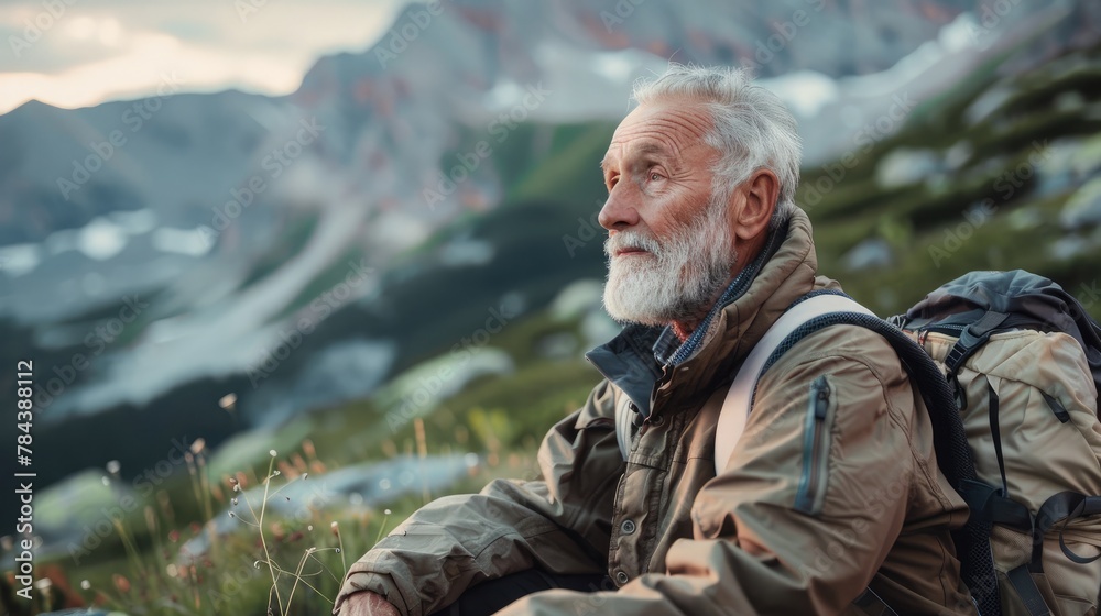
An active senior man resting after hiking in the mountains. An elderly man contemplates enjoying nature.