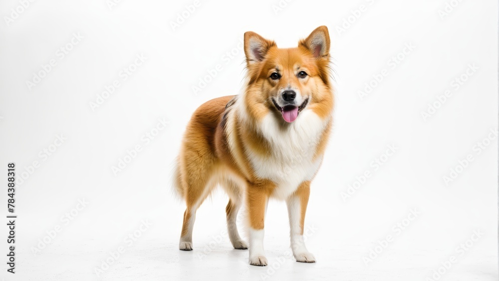   A brown-and-white dog gazes at the camera with a smile, positioned against a pristine white backdrop