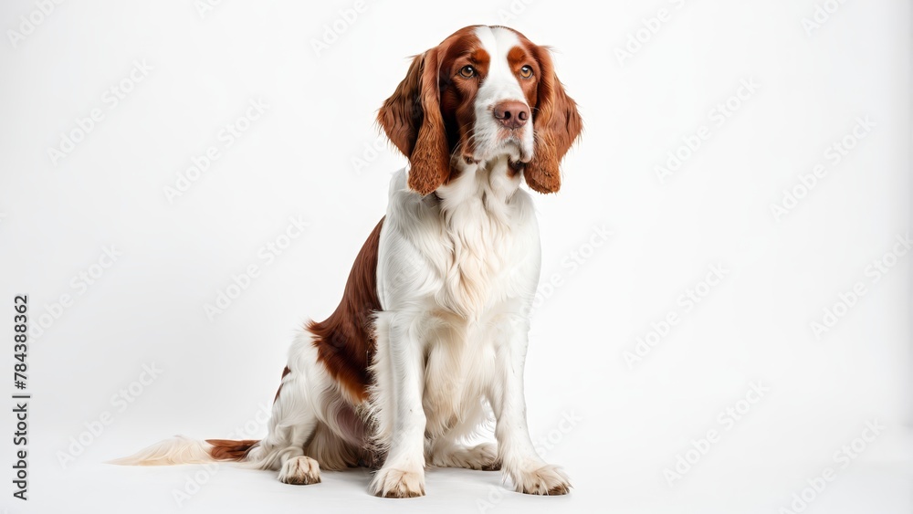   A brown-and-white dog sits before a white backdrop, gazing seriously into the camera