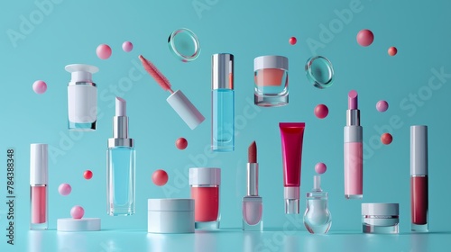 Assorted cosmetics suspended in air, isolated on white background
