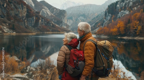 Beautiful elderly couple hiking together in the mountains in autumn Senior tourist looking at the lake photo