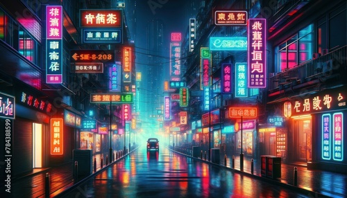 vibrant city street at night  alive with neon lights and signs in various languages.