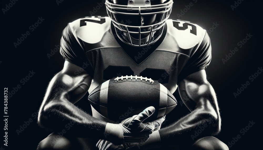 American football player, in dynamic pose, holding a football, with stark, high-contrast lighting that creates a powerful American football player, in dynamic pose, holding a football, with stark, high-contrast lighting that creates a powerful