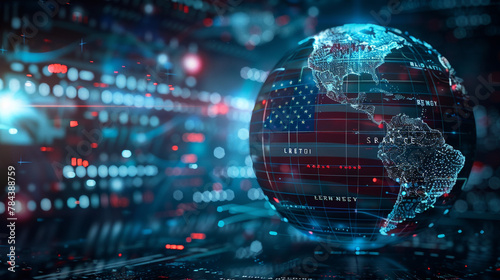 The digital world globe centered on the USA  the concept of a global network and connectivity on Earth  data transfer and cyber technology  information exchange  and international telecommunication