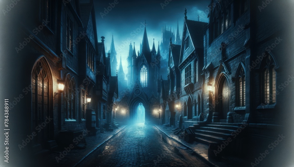 atmospheric medieval town at night, with deserted cobblestone streets lit by ethereal blue light. Gothic buildings with peaked roofs and arched
