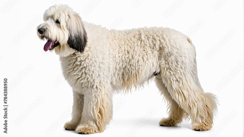   A shaggy white dog with a distinct black-and-white facial marking stands before a blank, white backdrop