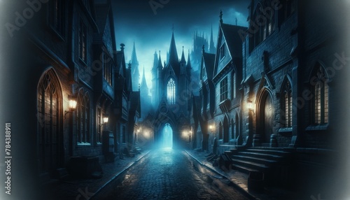 atmospheric medieval town at night, with deserted cobblestone streets lit by ethereal blue light. Gothic buildings with peaked roofs and arched