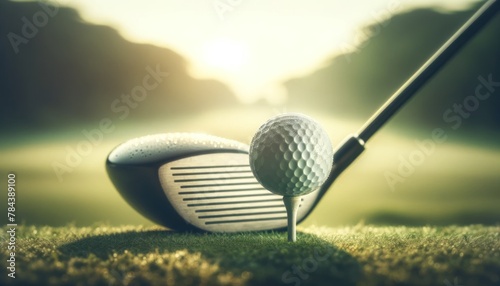 golf ball on a tee, ready to be struck by a driver against a blurred natural backdrop suggestive of a lush photo