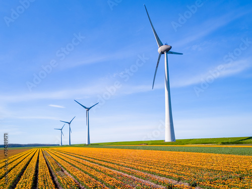 A colorful field of vibrant flowers swaying gently in the wind, with majestic windmill turbines dotting the horizon in Flevoland, Netherlands during the spring season. eco friendly, earth day