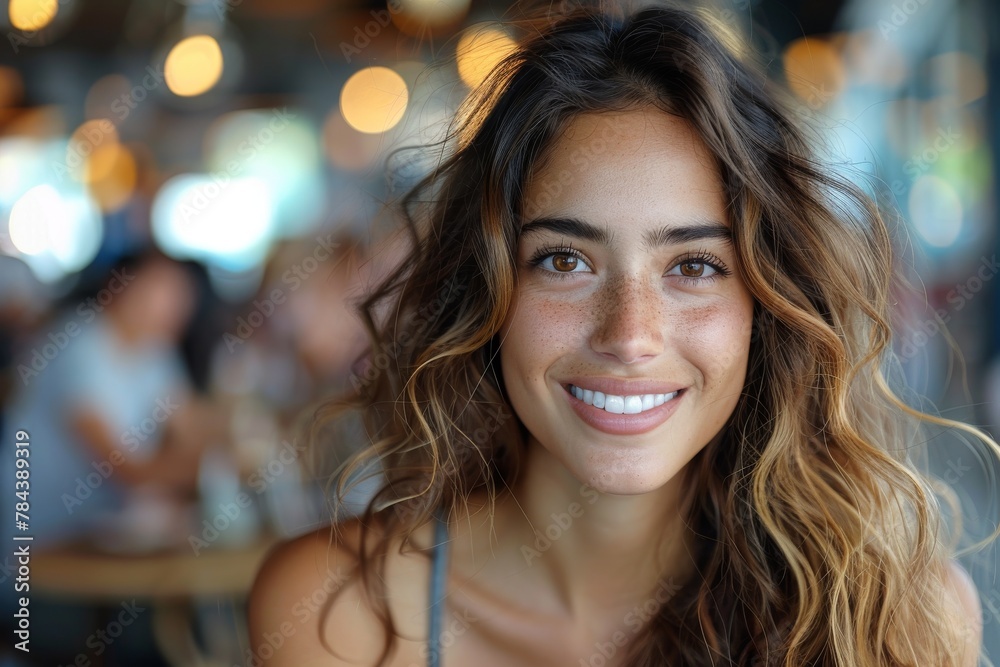 A cheerful young woman with curly hair smiling brightly in a cafe setting A cheerful young woman with curly hair smiling brightly in a cafe setting
